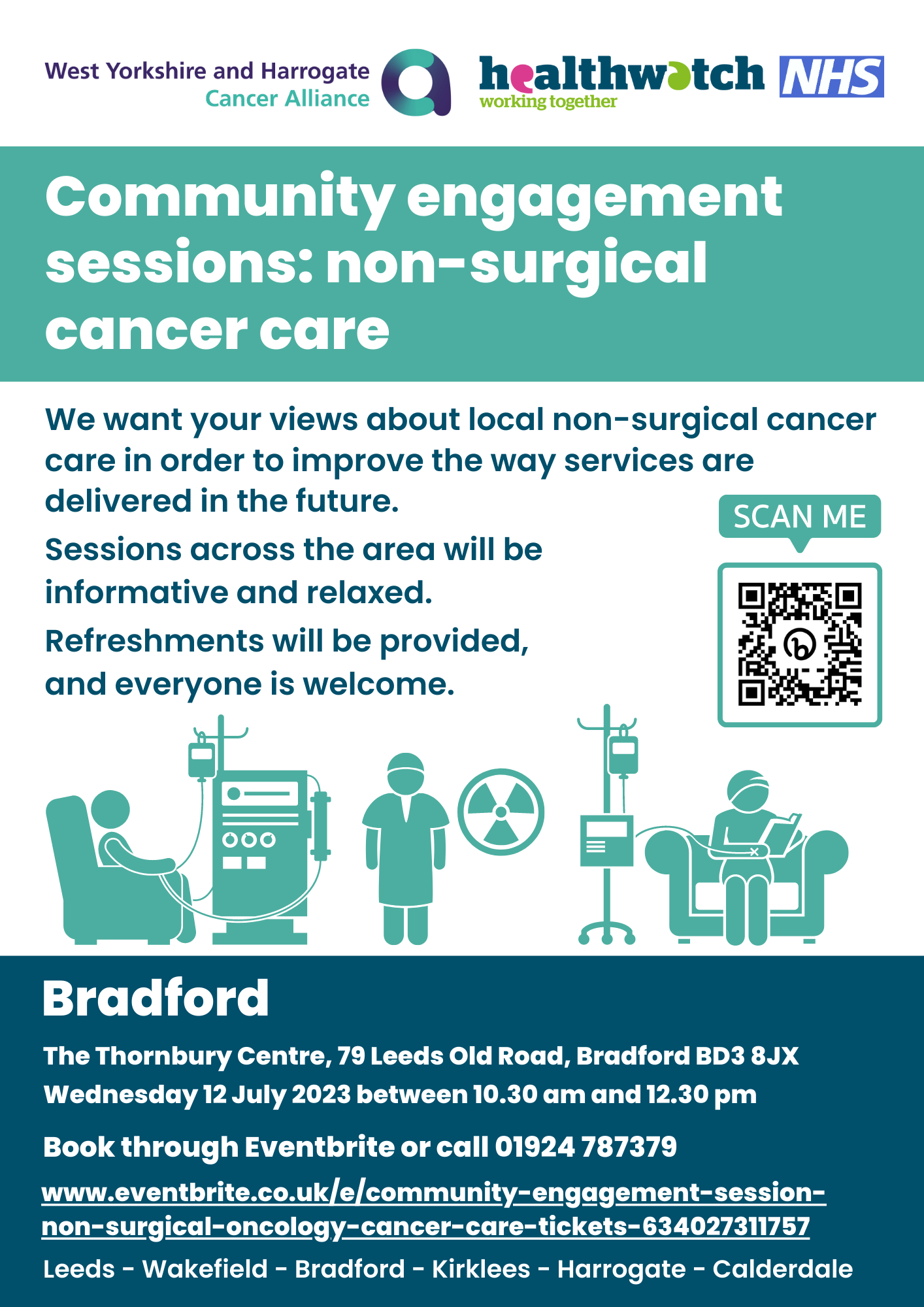 Poster for community engagement session on non-surgical cancer care in Bradford