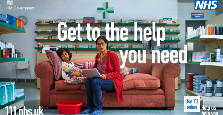 A parent is sat on a sofa with an ill child. The parent is using a tablet. The sofa is placed in the middle of a pharmacy.  The headline text reads: "Get to the help you need"  The help us help you logo features in the bottom right of the image. The NHS logo features in the top right of the image.