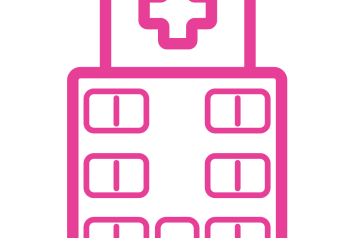 A pink Healthwatch hospital icon