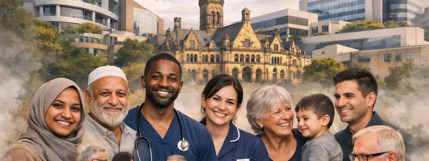 AI generated image of key buildings in Bradford, health professionals, and service users